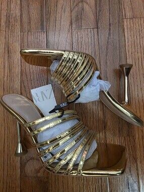NWT Zara Gold Strappy High Heel Slide Mules Size 8/39